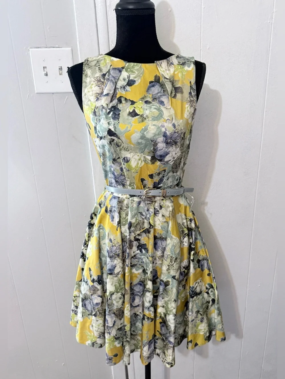 Yellow Floral Fit-and-Flare Mini Dress with Belt